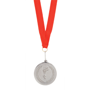 Фото Медаль наградная на ленте "Серебро"; 48 см., D=5см.; текстиль, металл