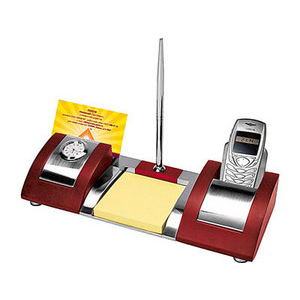 Фото Настольный прибор «Антверпен»: часы, бумажный блок, подставка под мобильный телефон и визитки, ручка (бордовый)