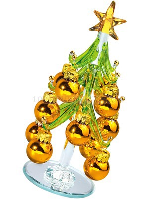 Фото Стеклянная ёлка на зеркальной подставке с миниатюрными шариками (зеленый,золотистый)