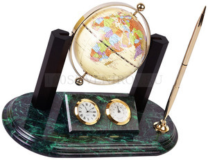 Фото Настольный прибор Лидер с глобусом: часы, термометр, ручка на мраморной подставке. (золотистый, зеленый)