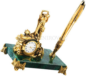 Фото Настольный прибор Шахтерский из натурального камня с часами  (золотистый, зеленый)