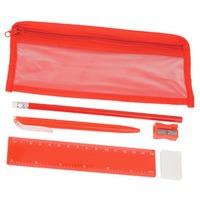Набор канцелярский красный из пластика : ручка шариковая, карандаш, точилка, ластик, линейка в чехле