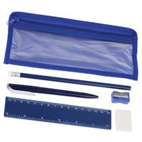 Набор канцелярский: ручка шариковая, карандаш, точилка, ластик, линейка в чехле, синий