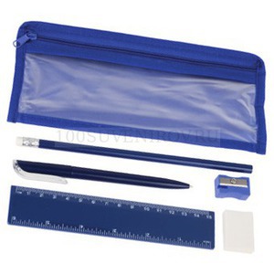 Фото Набор канцелярский: ручка шариковая, карандаш, точилка, ластик, линейка в чехле (синий)