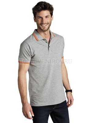 Фото Рубашка поло мужская PASADENA MEN 200 с контрастной отделкой, серый меланж/оранжевый M «Sols»