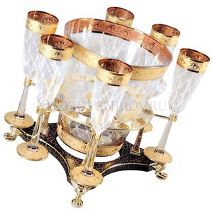 Фото Стальной изумительный набор для шампанского из чистейшего хрусталя с позолотой: 6 бокалов и ведерко для охлаждения на подставке