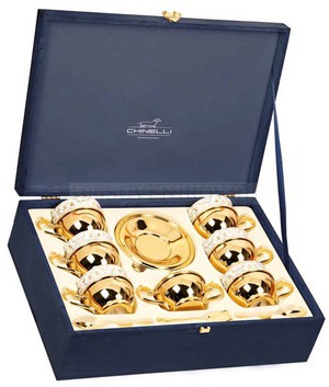 Фото Роскошный элитный золотистый набор CHINELLI на 6 персон: керамические чашки, подстаканники, блюдца, сахарница из латуни, ложки из стали