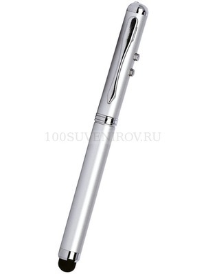 Фото Ручка шариковая с фонариком, лазерной указкой и стилусом для емкостного экрана, серебристая (серебристый)