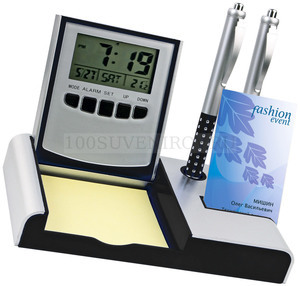 Фото Настольный складной прибор с часами, датой, термометром, подставками под ручки, визитки и бумажный блок, черный. 