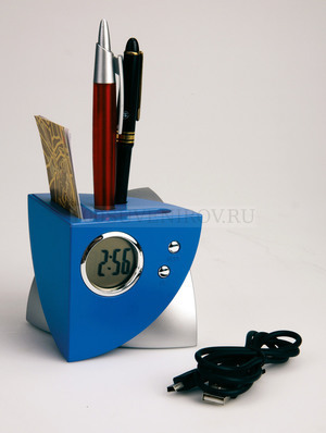 Фото USB Hub на 4 порта с часами, подставкой под ручки и визитки, синий
