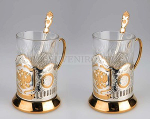 Фото Набор: 2 стакана с подстаканниками "Герб России"* (золотистый, серебристый, прозрачный)
