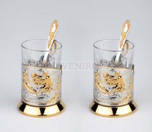 Фото Набор: 2 стакана с подстаканниками "Охотники на привале"* (серебристый, золотистый, прозрачный)