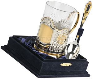 Фото Набор: стакан с подстаканником и ложкой* (серебристый, золотистый, прозрачный)