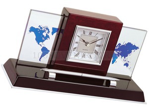 Фото Настольный прибор «Карибы» с часами, ручкой и картой мира (коричневый,серебристый)