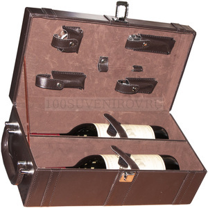 Фото Набор аксессуаров для вина в кейсе для 2 бутылок: штопор-открывалка, воротничок на бутылку, пробка, термометр, устройство для аккуратного розлива вина (коричневый)