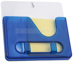 Фото Синяя подставка из пластика под ручки с бумажным блоком и крючками для ключей с двумя вариантами крепления - на холодильник и на стену