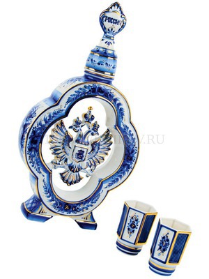 Фото Набор: штоф для водки с двумя стопками «Герб России» * (белый, синий)