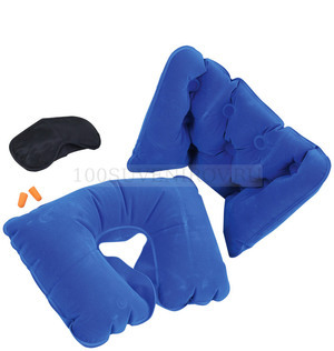 Фото Синий набор для путешествий с комфортом: повязка на глаза для спокойного сна в дороге, подушка для спины, подушка под голову, беруши