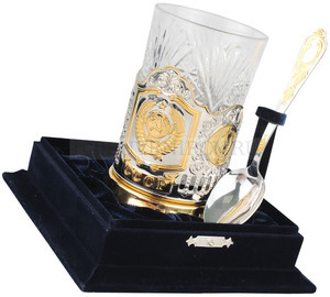 Фото Набор: стакан с подстаканником и ложкой "Герб СССР"* (серебристый, золотистый, прозрачный)