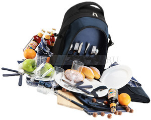 Фото Рюкзак для пикника с набором посуды на 4 персоны и пледом с непромокаемой подкладкой, черный/синий