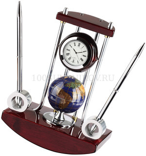 Фото Настольный прибор «Сенатор»: часы с глобусом, две ручки на подставке (красное дерево, серебристый, разноцветный)