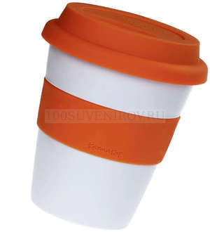 Фото Пластиковый стакан с крышкой, бело-оранжевый