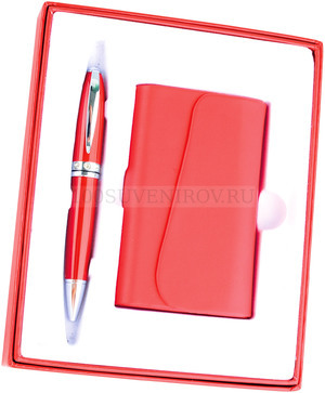Фото Набор: визитница, ручка (красный, серебристый)