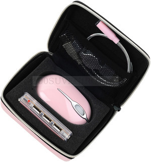 Фото Набор компьютерных аксессуаров в футляре: оптическая мышка, USB Hub на 4 порта, лампа на гибком шнуре, работающая от USB, переходник (розовый, серебристый)
