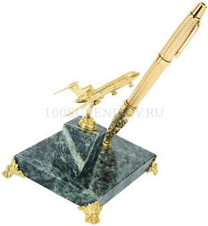 Фото Настольный прибор САМОЛЕТ с двумя держателями для ручки (поставляется без ручки), 14 х 10 х 12,5 см.   (золотистый, зеленый)