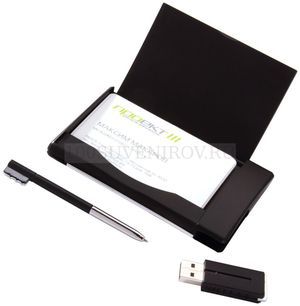 Фото Футляр для визиток с авторучкой и USB-флеш-картой, черный, 8 Гб