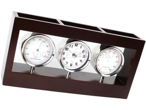 Фото Погодная станция "Трилогия": часы, термометр, гигрометр с отделениями для канцелярских принадлежностей (коричневый, серебристый)