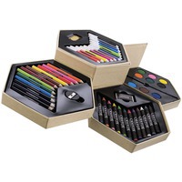 Набор для рисования: 12 фломастеров, 12 карандашей, 12 мелков, 12 цветов акварельной краски, кисть, точилка, ластик, зажим для бумаги, натуральный, разноцветный