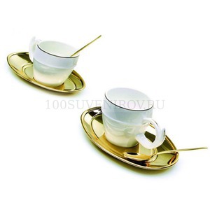 Фото Чайный набор Tea Ricciolo: две чашки, два блюдца, две ложечки. золотой «CHINELLI»