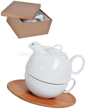 Фото Набор "Мила": чайник и чайная пара в подарочной упаковке, 500мл и 300мл, фарфор, бамбук (коричневый, белый)