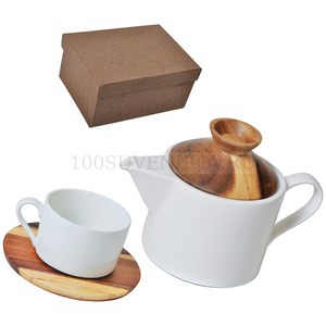 Фото Набор "Andrew":чайная пара и чайник в подарочной упаковке, 200 мл и 600 мл, фарфор, дерево (коричневый, белый)