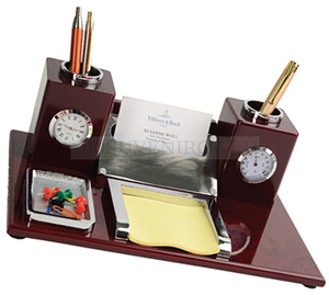 Фото Настольный прибор «Петронас»: часы, термометр, подставки под ручки, визитки, скрепки, бумажный блок (красное дерево, серебристый)