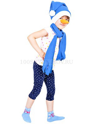 Фото Детский карнавальный костюм СНЕГОВИК: шапка, шарф, нос-морковка на резинке (синий)