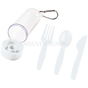 Фото Белый набор из пластика POCKET:ложка, вилка, нож в футляре с карабином