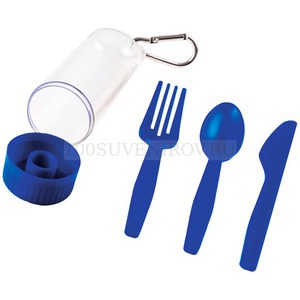 Фото Синий набор из пластика POCKET:ложка, вилка, нож в футляре с карабином