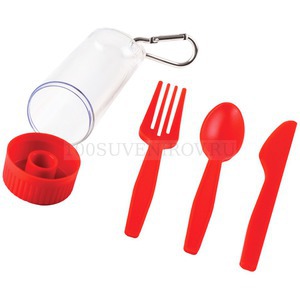 Фото Красный набор из пластика POCKET:ложка, вилка, нож в футляре с карабином