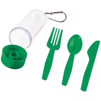 Набор зеленый из пластика POCKET:ложка, вилка, нож в футляре с карабином