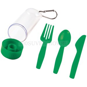 Фото Зеленый набор из пластика POCKET:ложка, вилка, нож в футляре с карабином