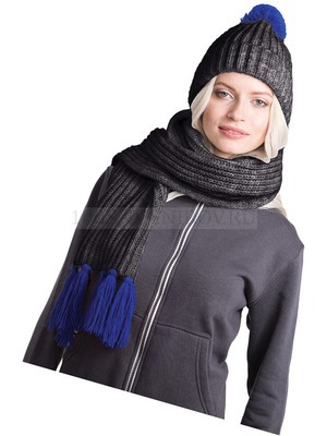 Фото Вязаный комплект синий из шерсти G шарф и шапка, антрацит c фурнитурой