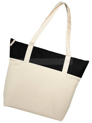 Фото Двухцветная сумка из хлопка и джута на молнии, 50,5 х 16,5 х 39 см (натуральный, черный)