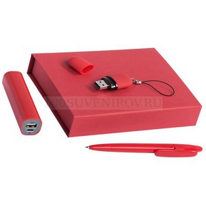 Фото Красный набор из картона BOND: аккумулятор, флешка и ручка
