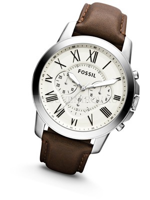 Фото Часы наручные, мужские «Fossil» (корпус- серебристый, циферблат- кремовый, крепление- темно-коричневый)