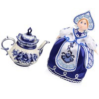 Набор подарочный хлопковый ГЖЕЛЬ: кукла на чайник, чайник заварной с росписью