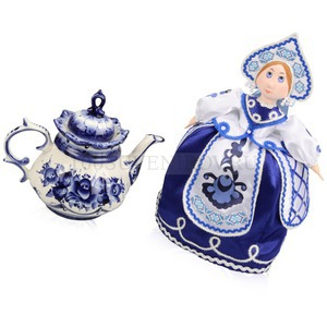 Фото Хлопковый подарочный набор "ГЖЕЛЬ": кукла на чайник, чайник заварной с росписью