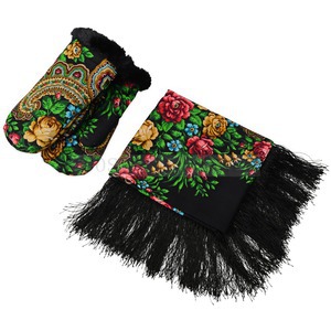Фото Подарочный набор: Павлопосадский платок, рукавицы (черный, разноцветный)