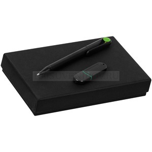 Фото Черно-зеленый Бизнес-набор из картона YOURDAY BLACK с флешкой на 8 гб и ручкой